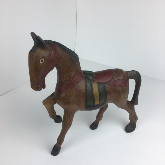 Hand Carved Wooden Horse Statue Standing Carousel Vintage MCM 10” Tall